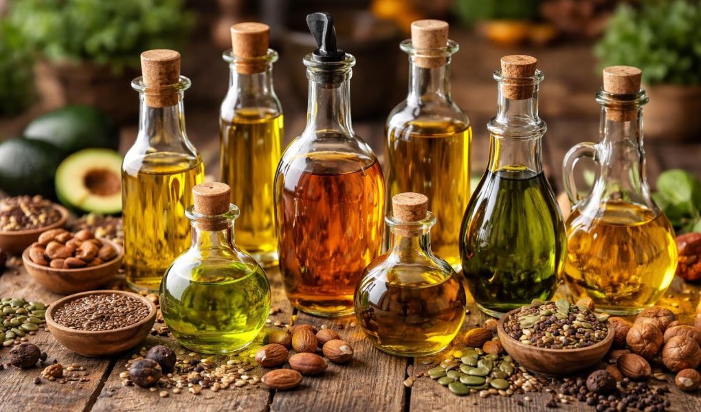 table-bois-bouteilles-huiles-colorées