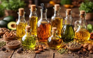table-bois-bouteilles-huiles-colorées