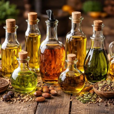 table-bois-bouteilles-huiles-colorées