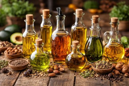table-bois-bouteilles-huiles-colorées