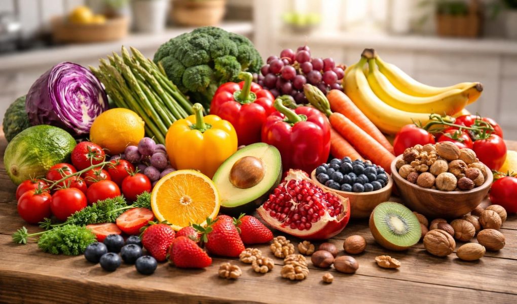 fruits-legumes-noix-table-bois