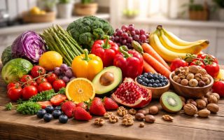 fruits-legumes-noix-table-bois