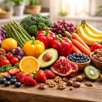 fruits-legumes-noix-table-bois