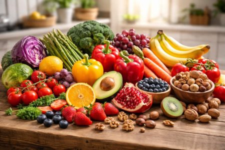 fruits-legumes-noix-table-bois