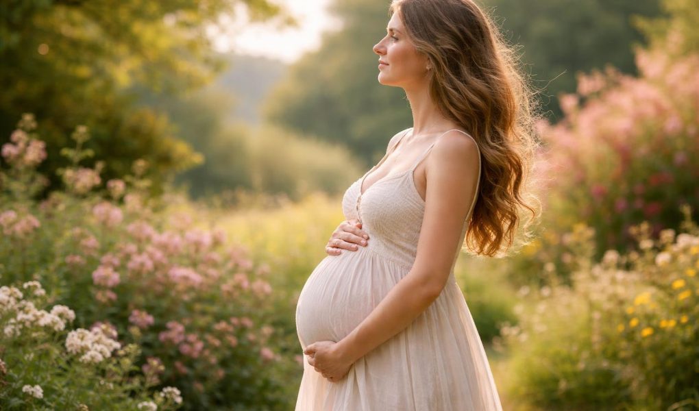 femme-enceinte-jardin-fleuri-profil