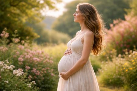 femme-enceinte-jardin-fleuri-profil