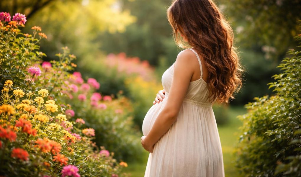 femme-enceinte-jardin-fleurs-luxuriant