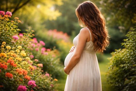 femme-enceinte-jardin-fleurs-luxuriant